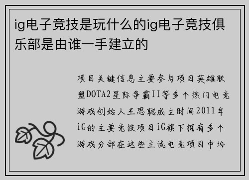 ig电子竞技是玩什么的ig电子竞技俱乐部是由谁一手建立的